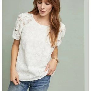 Anthropologie Maeve Sylvie Lace Top Womens Size S Puff Sheer Sleeves White Shirt